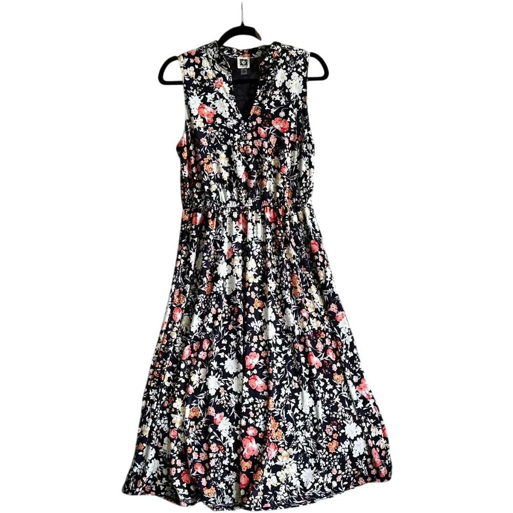 Anne Klein Black Floral Midi Dress with Pink and White Blooms
